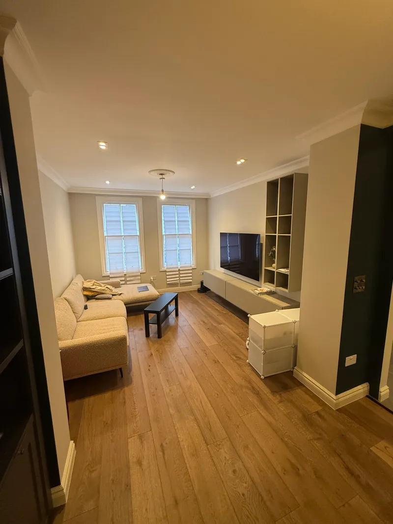 Bright renovated living room with bespoke joinery